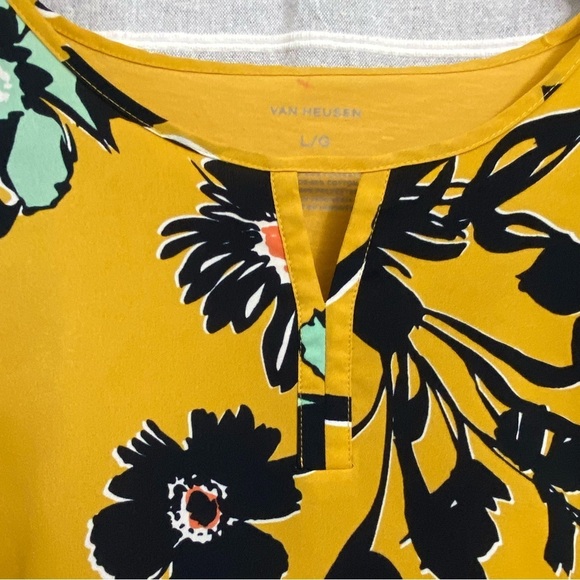 VAN HEUSEN / Yellow Floral Print Short Sleeve Blouse Size L - Picture 6 of 9